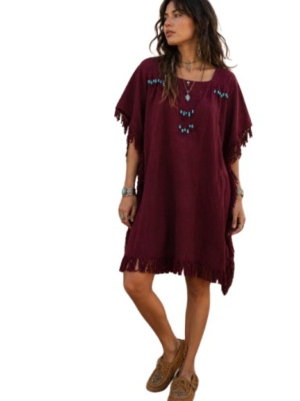 Vintage Handmade Womens T Shirt Dress Burgundy Fringed Beaded Southwest Boho M